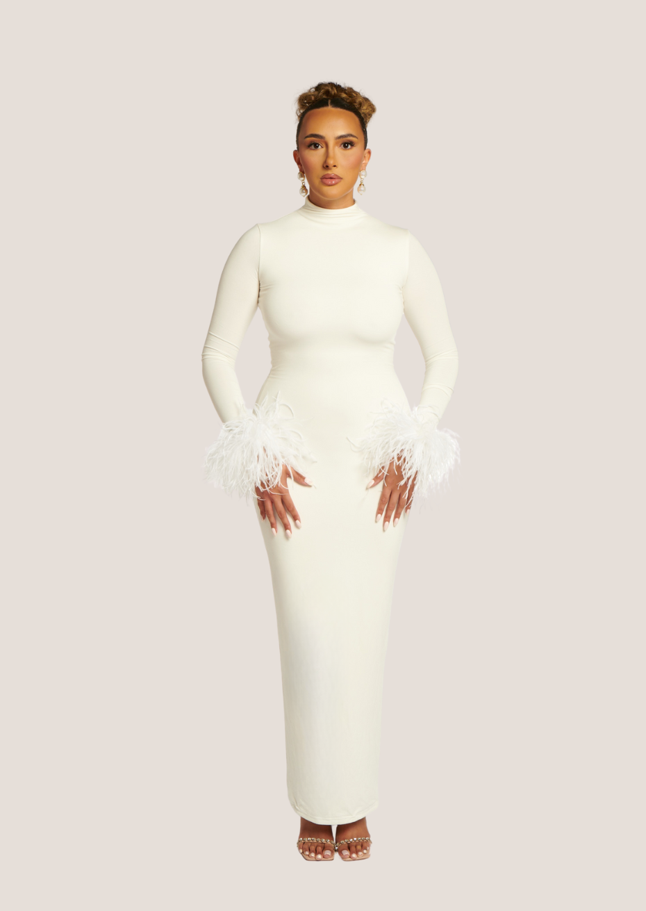 Asari Feather Maxi Dress Pearl White