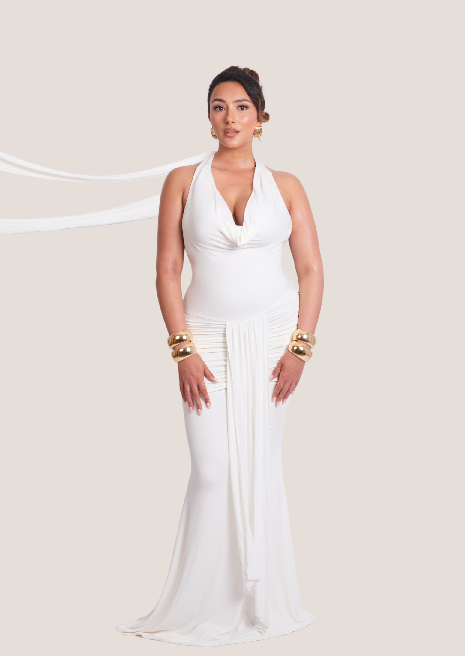 ARIEL White front drape Maxi Dress