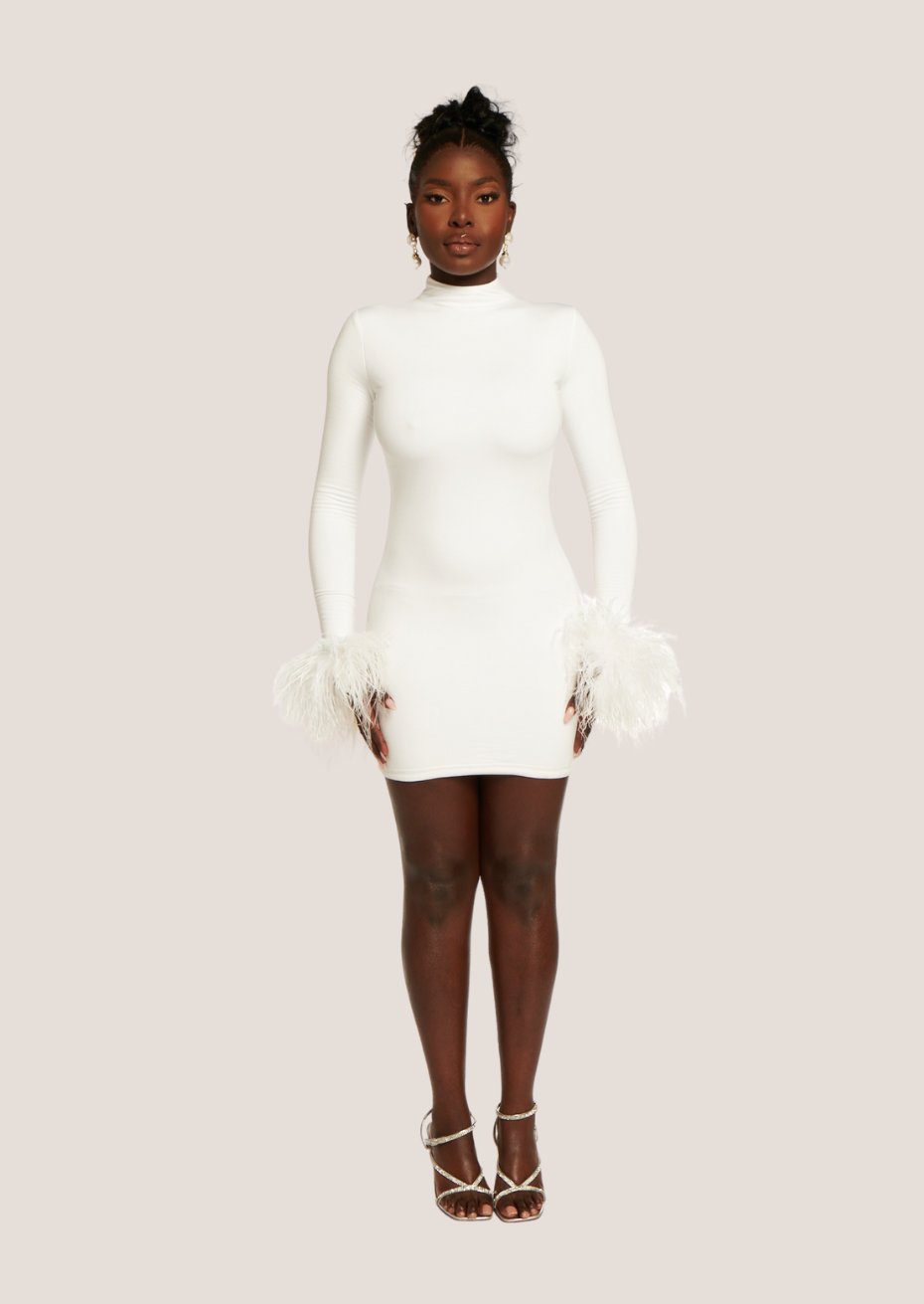 Asari Feather Mini Dress Pearl White