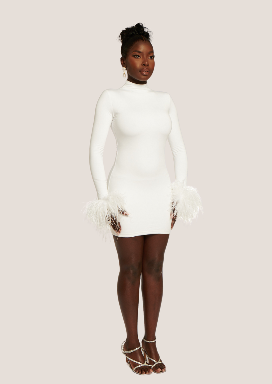 Asari Feather Mini Dress Pearl White