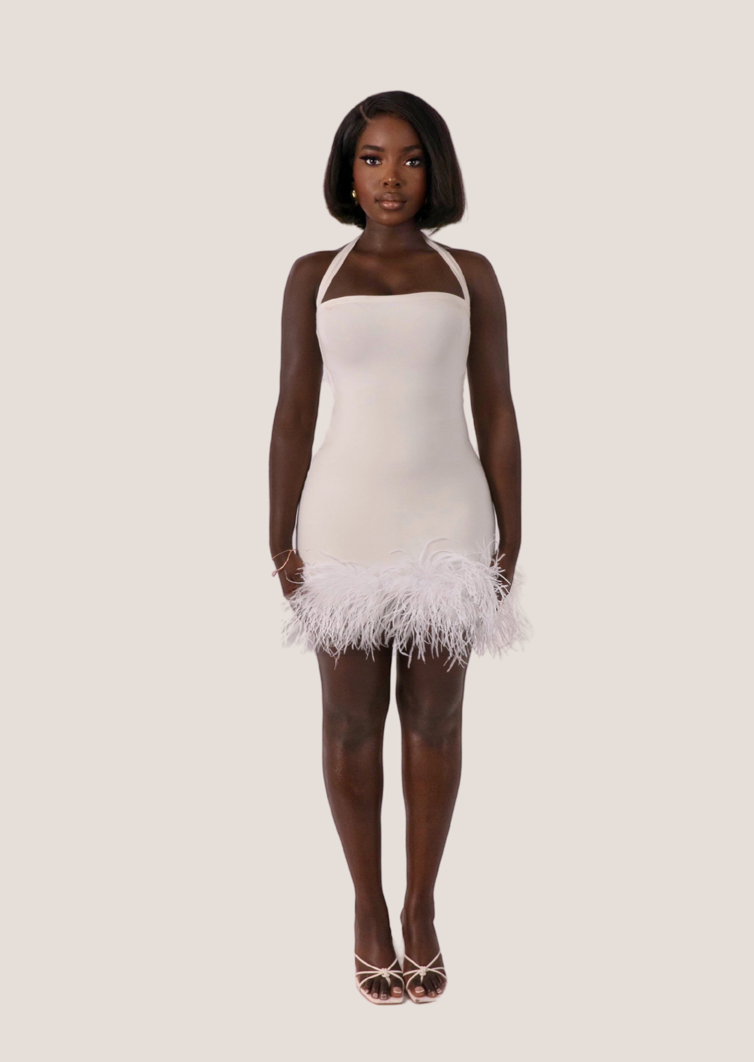 Amara Feather Mini Dress Pearl White