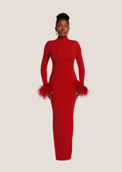 Asari Feather Maxi Dress Cherry Red